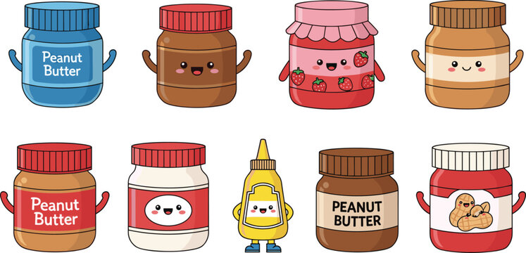 Cute Jar Collection with Peanut Butter, Jelly, Mustard, and Snack Condiments for Kawaii, Food, and Cartoon-Themed Illustrations for Digital Media and Websites
