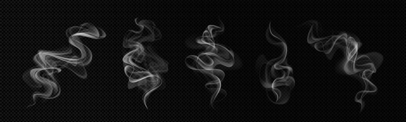 Set of vector realistic smoke, steam, aroma effects on a dark transparent background. © Валентина Галянт