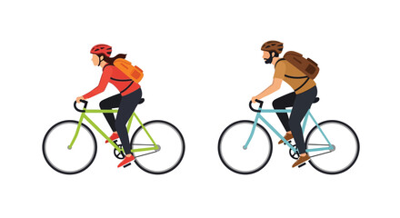 Fototapeta premium Male and female cyclists wearing helmets and backpacks enjoy a healthy outdoor ride on their bicycles.