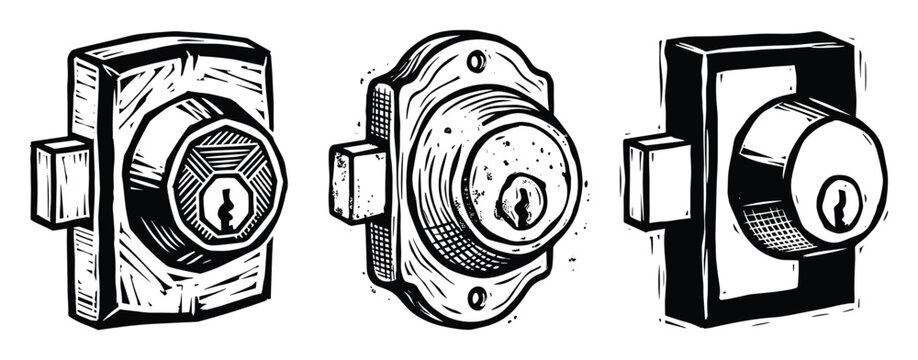 Deadbolt lock set, Door lock security, Woodcut illustration