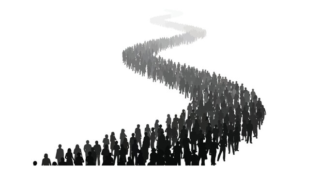 Large group of people standing in a long winding line against a clean white isolated background