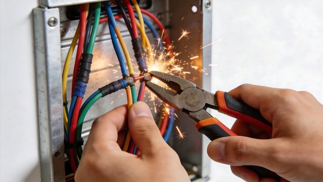 Electrician working on wiring with sparks