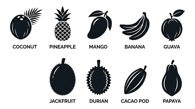 Tropical fruit icons on white.