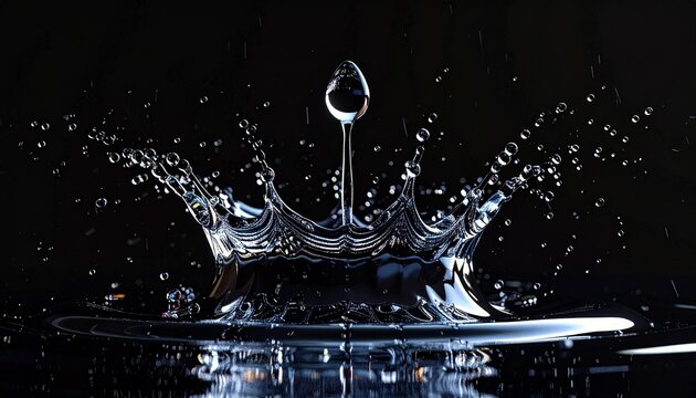 Splash crown from water drop impact in slow motion with dramatic lighting