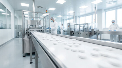 Naklejka premium Pharmaceutical production line with workers in white coats and masks inspecting tablets on conveyor belt inside a cleanroom facility