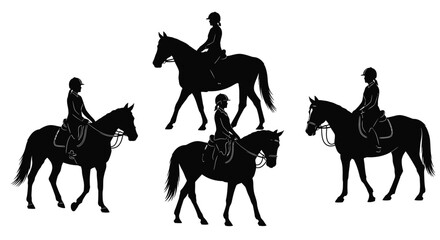 Black silhouettes of female equestrian riders on their horses, depicted in various classic training poses.
