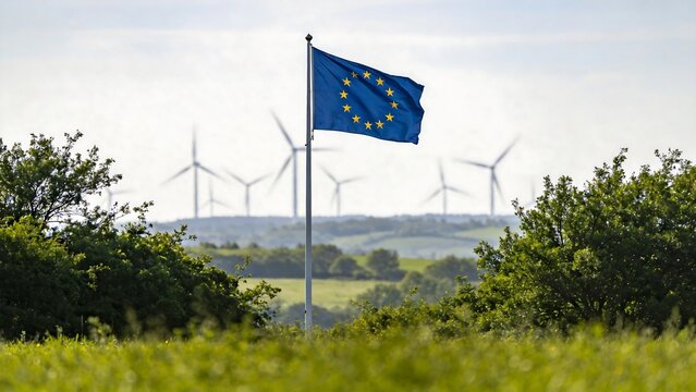European flag with wind turbines in background