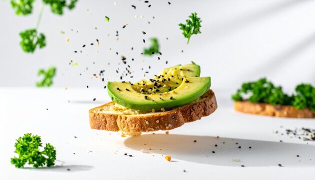 Fresh avocado toast with herb garnish and sprinkled seasoning on white background