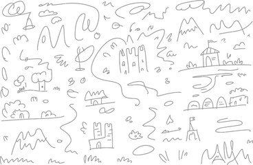 Obraz premium Hand drawn sketch map featuring whimsical castles mountains and trees for children storytelling and education