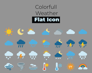 Obraz premium Colorful Weather Forecast Flat Icon Set Description: A comprehensive set of weather icons depicting various meteorological conditions including sunny, rainy, thunder, snow, and cloudy. Features a clea