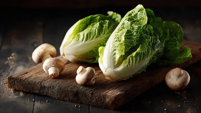 Fresh romaine lettuce hearts and white button mushrooms arranged on a rustic wooden surface.