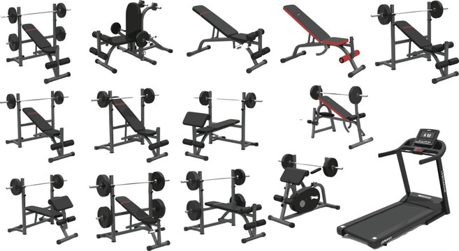 Gym Equipment Illustration Set with Weight Machines, Treadmill, and Exercise Gear for Fitness, Training, and Workout Designs