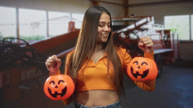 Young woman holding two jack o lantern buckets, smiling and showing midriff in a building with farm machinery; festive celebration.