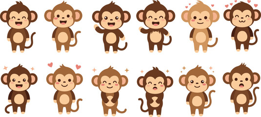 Fototapeta premium Cute Baby Monkey Cartoon Set with Adorable Expressions, Smiling and Loving Gestures, Kawaii Animal Characters Collection, Kids Vector Illustration Design.