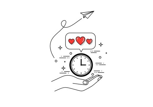 A hand holding a clock with hearts and a paper airplane flying above