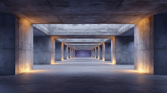 Long concrete corridor features strong geometric lines illuminated by warm uplighting