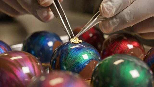 Gloved hands delicately place gold leaf on colorful artisan chocolates for elegant dessert display