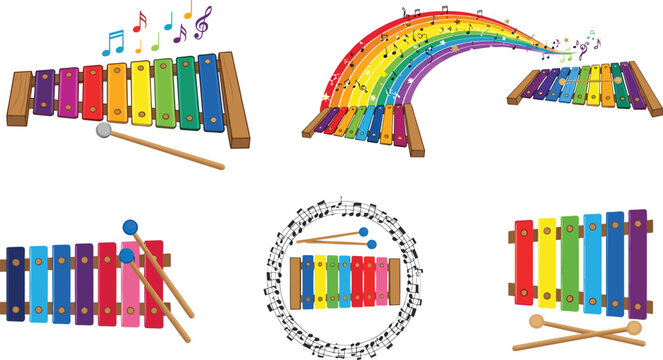Xylophone Illustration Set with Rainbow Colors, Musical Notes, and Mallets for Music, Fun, and Education Designs