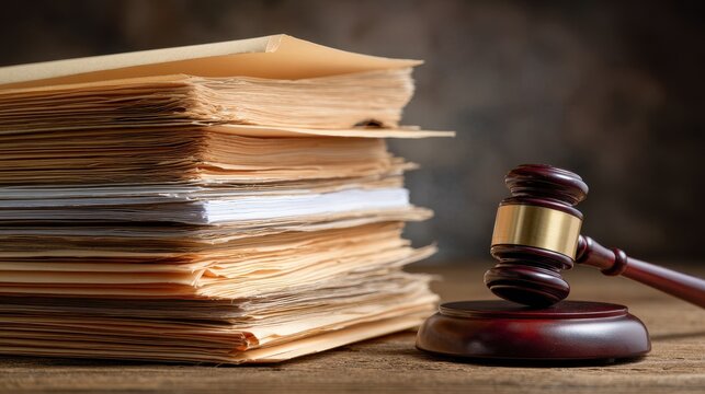 Stunning photo of stack of legal folders and documents next to a wooden judge's gavel on a table, symbolizing law and justice.