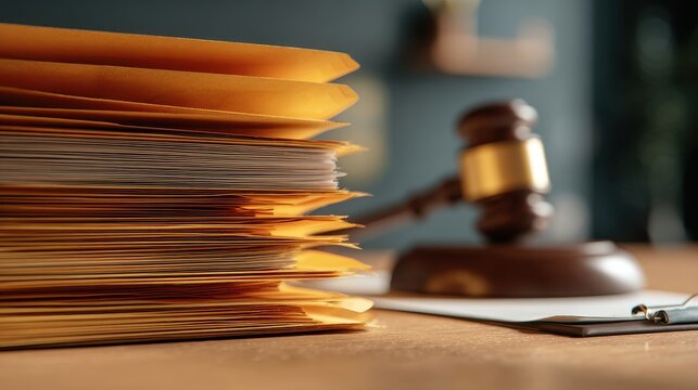 Stunning photo of stack of legal folders and documents next to a wooden judge's gavel on a table, symbolizing law and justice.