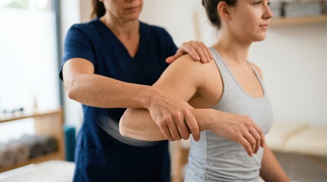 A focused female physical therapist helps a patient with shoulder rehabilitation exercises, promoting healing and mobility in a bright clinic setting.