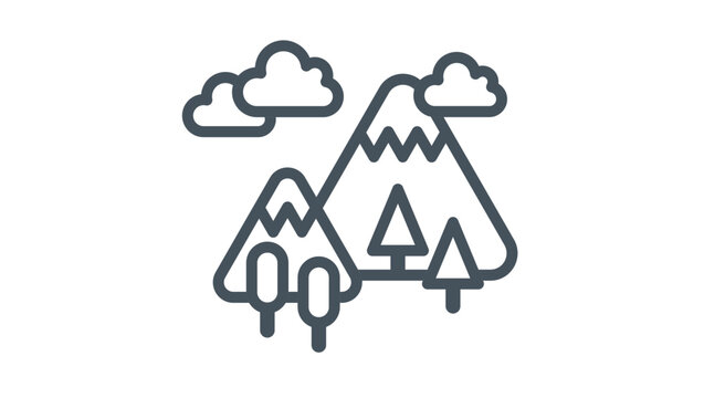 Minimalist vector icon of a mountain landscape featuring snow-capped peaks, evergreen and deciduous trees, and fluffy clouds, clean black line art illustration for nature and travel designs.
