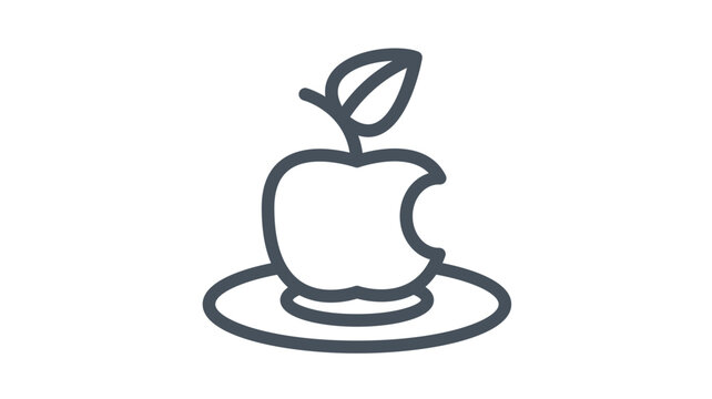 Minimalist bitten apple with leaf on a plate vector icon illustration. Black line art symbol of a healthy fruit snack, food waste, or breakfast, isolated on white for web and graphic design.