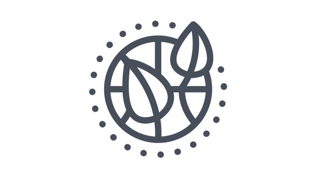 Eco-friendly black vector icon illustration of a globe with two leaves and a dotted circular border, symbolizing environmental sustainability, nature conservation, and green earth initiatives.
