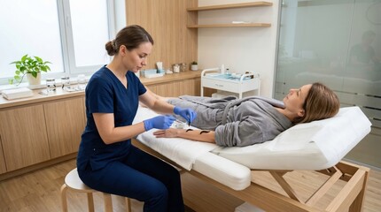 Obraz premium Aesthetician in blue scrubs provides a soothing treatment to a client in a serene spa environment, highlighting self-care and beauty.