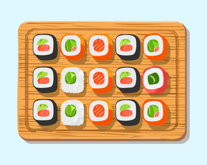 Large wooden board filled with various sushi maki and nigiri rolls for traditional japanese restaurant dining menu - Vector Illustration © powdesign