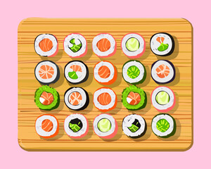 Colorful sushi party platter with many maki and california rolls for catering services and restaurant menu display - Vector Illustration © powdesign