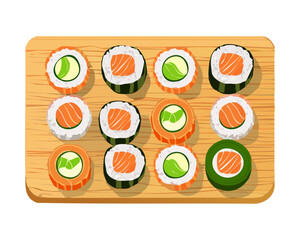 Assorted salmon and cucumber sushi maki rolls served on a classic wooden tray for healthy asian meal - Vector Illustration © powdesign