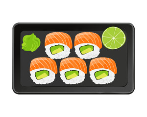 Delicious salmon maki rolls with green filling on a sleek dark tray for healthy asian food menu - Vector Illustration © powdesign