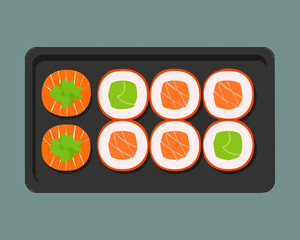 Elegant dark plate with salmon and avocado sushi rolls for premium japanese cuisine and fine dining experience - Vector Illustration © powdesign