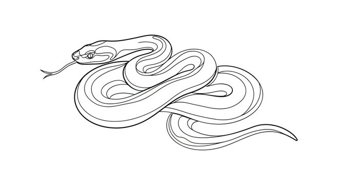 Minimalist snake line art illustration of a coiled serpent with flicking tongue, black and white vector outline of a python or viper for tattoo or coloring page.