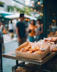 Fototapeta premium Street Food Pastry Display with Bokeh for Urban Market Lifestyle