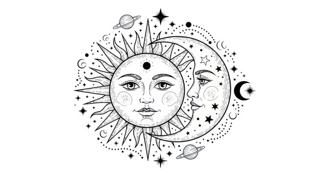 Mystical Sun and Moon Faces Embrace Cosmos Stars Planets