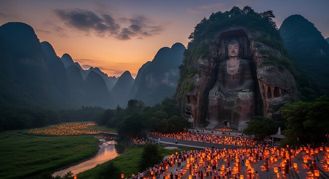 Majestic Leshan Giant Buddha carved into a mountain at sunset, surrounded by a large gathering of people holding glowing lanterns, with a river and dramatic karst landscape.