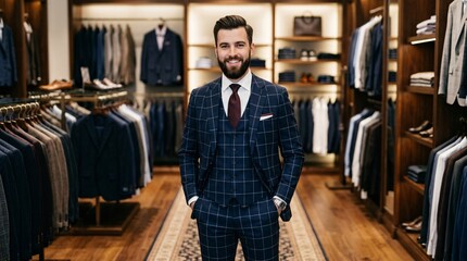 Fototapeta premium Young man with a trimmed beard wearing a navy blue three-piece suit and a dark maroon silk tie stands inside a luxury menswear boutique.