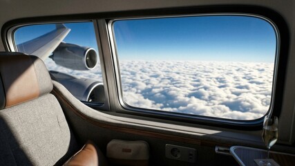 Obraz premium Interior of a luxurious business class airplane cabin with a view of clouds from the window
