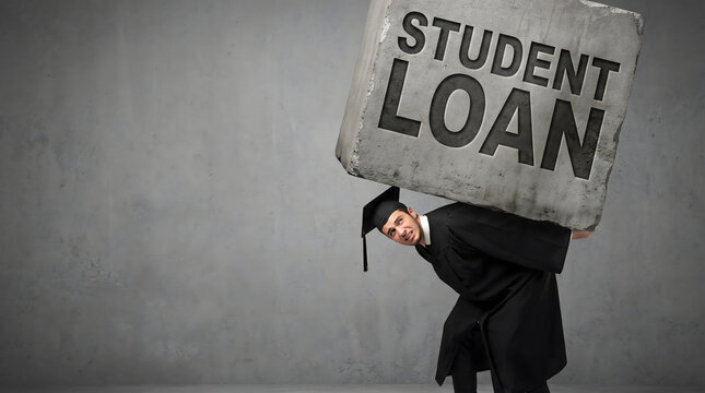 A graduate struggles under the weight of a massive student loans, illustrating the overwhelming burden of education debt and financial pressure faced after graduation