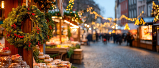 Fototapeta premium Christmas Market Wreath with Festive Lights for Holiday Shopping and Winter Street Atmosphere