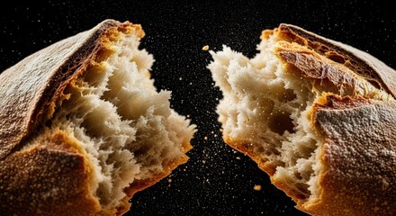 Fototapeta premium Artisan Bread Torn Apart with Flour Dusting on Black Background