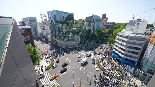 High angle perspective of Omotesando Tokyo Plaza intersection and urban landscape