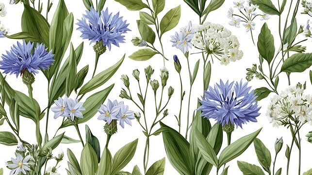 Seamless pattern with blue cornflowers and white wildflowers on a clean white background