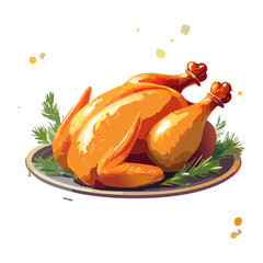 Fototapeta premium Whole roasted chicken on a plate for family dinner party and festive holiday meal celebration - Vector Illustration