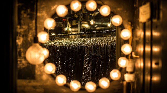 backstage. Backstage of an old theater with a halo of lightbulbs and sequined costumes reflected in a mirror. event programs.