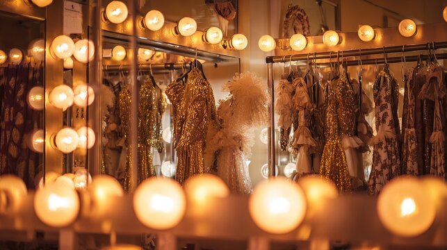 backstage. Backstage of an old theater with a halo of lightbulbs and sequined costumes reflected in a mirror. event programs.