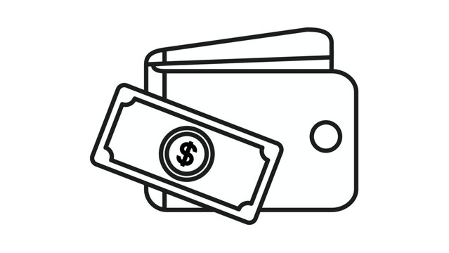 Black line art vector icon of a wallet with a dollar bill, representing finance, money, and payment concepts. Minimalist illustration for business, banking, and personal savings applications.