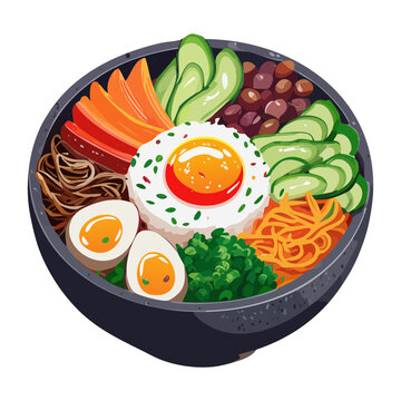 Traditional bibimbap rice bowl with various vegetables and egg for authentic healthy korean dining experience - Vector Illustration